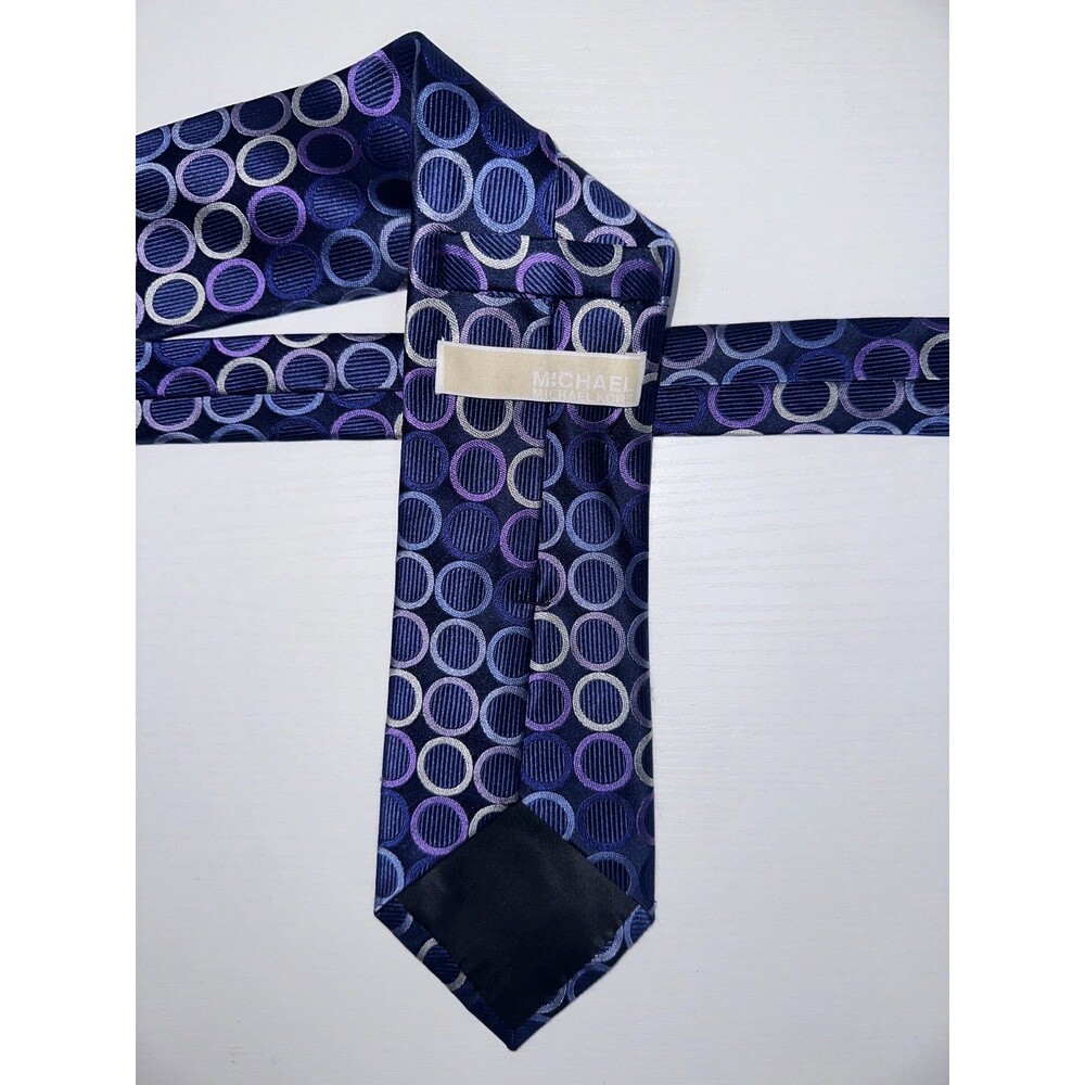 Michael Kors Silk Tie Blue Purple Silver Polka Dot Geometric Retro Disc Textured